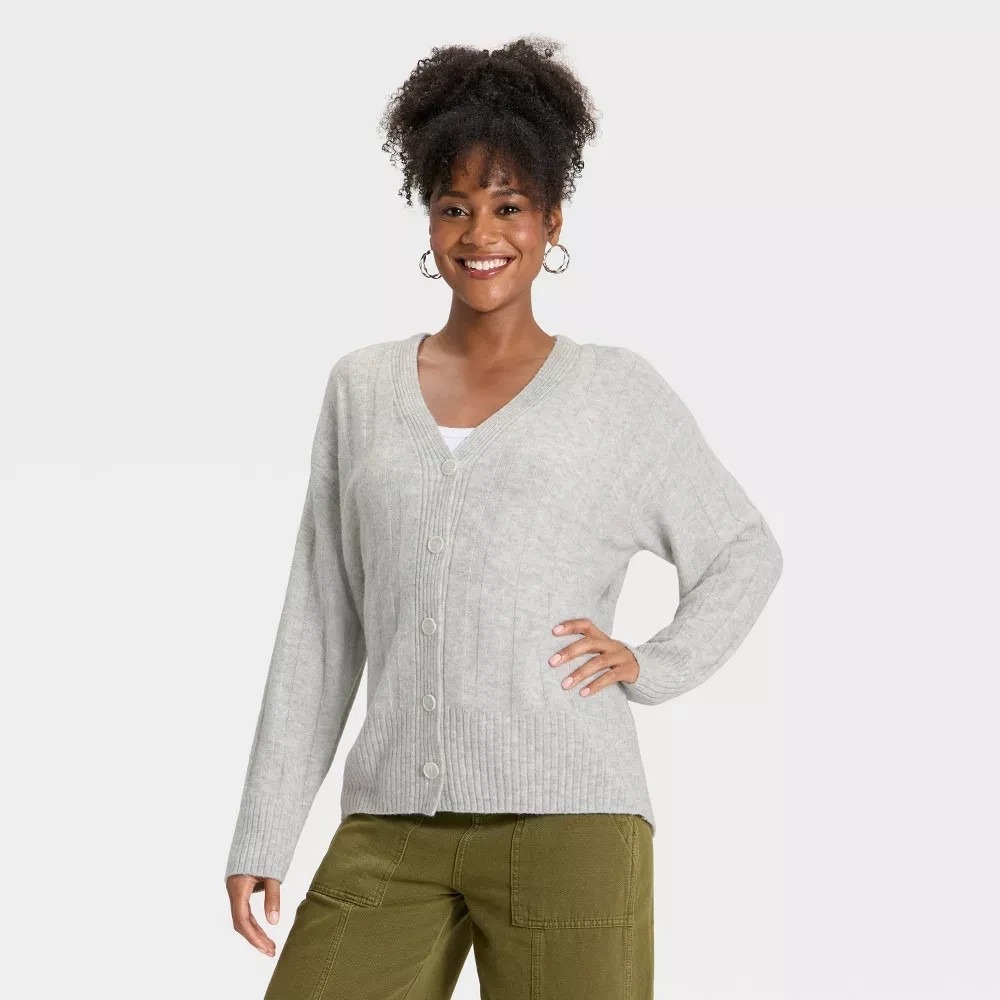 Universal Thread Women's Knit Ribbed Cardigan Long Sleeve Gray XL
